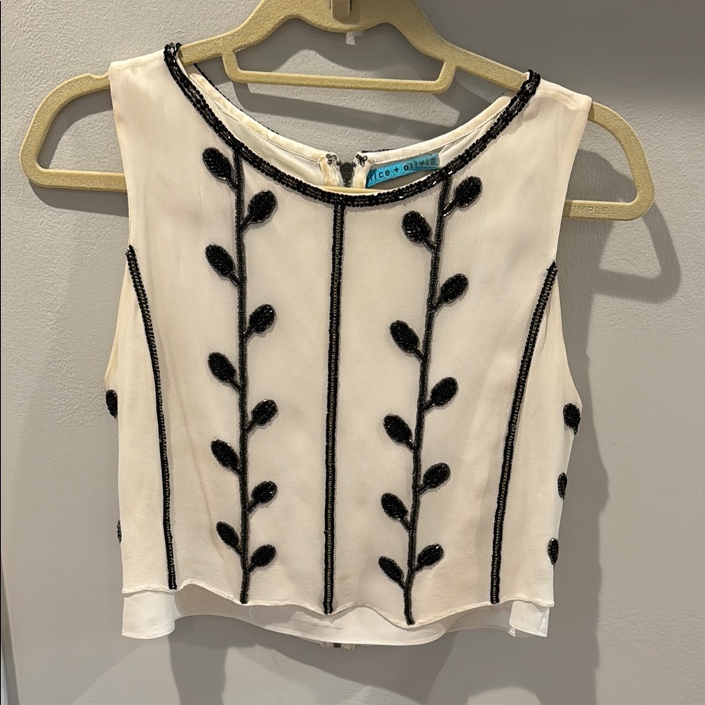 Alice + Olivia Cream and Black Embellished Sleeveless Crop Blouse